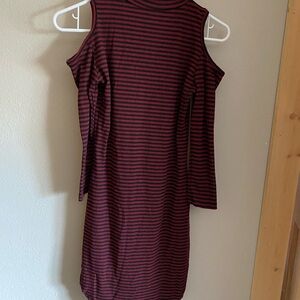 Absolute Angel Burgundy and Black Cold-Shoulder Striped Dress